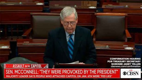Mitch McConnell  acusó a Trump de dirigir la mafia que asaltó el Capitolio. (Foto: CBS)