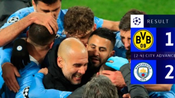 Alegría de Pep Guardiola y sus jugadores tras el pase a semifinales. (Foto: @ChampionsLeague)