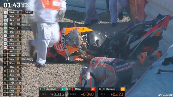 Enorme susto en los primeros instantes tras la caída de Márquez. (Foto: @MotoGP)