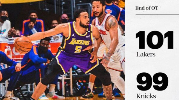Los Lakers se impusieron a los Knicks en la prórroga. (Foto: @Lakers)