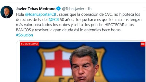 El tuit de Tebas en respuesta a Laporta. (Imagen: captura Twitter)