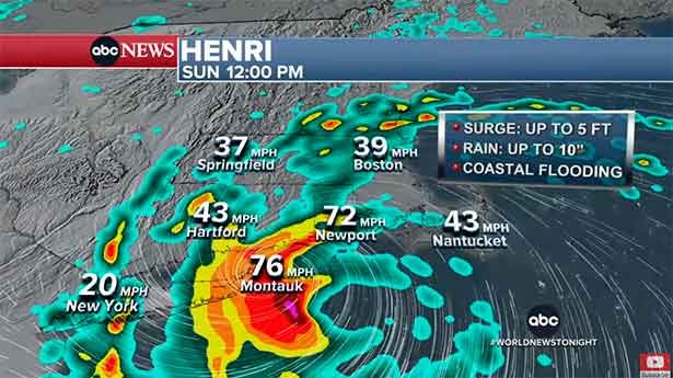 El insólito avance del huracán Henri sobre Nueva Inglaterra. (Proyección: ABC news)