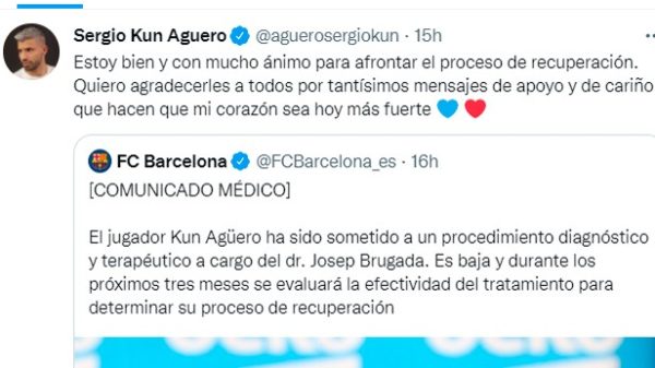 El Kun agradece el apoyo y cariño recibido estos días. (Foto: Twitter/@aguero