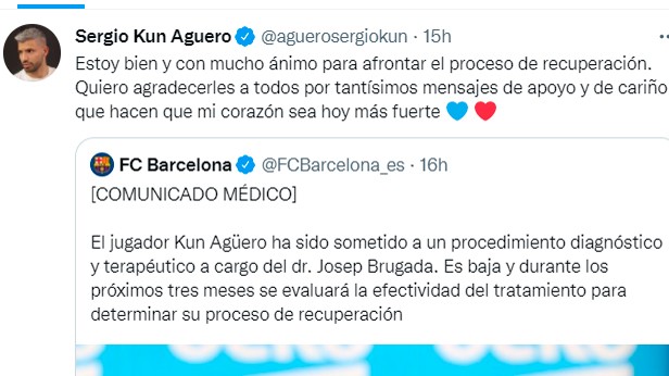 El Kun agradece el apoyo y cariño recibido estos días. (Foto: Twitter/@aguero