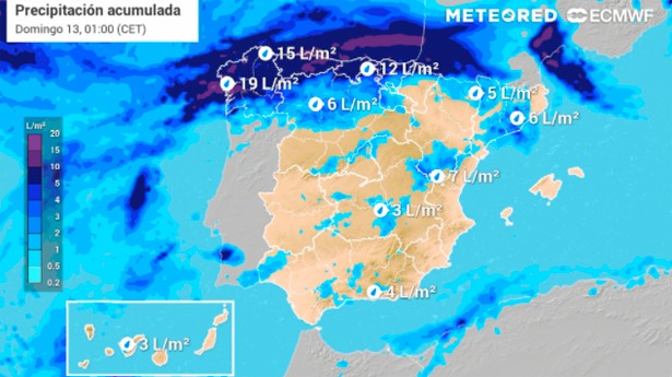 Desgraciadamente la previsión es de lluvias débiles. (Imagen: Meteored)