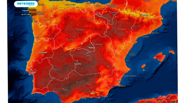 Fin de semana con récord de 42 C en algunas zonas. (Mapa: Meteored)