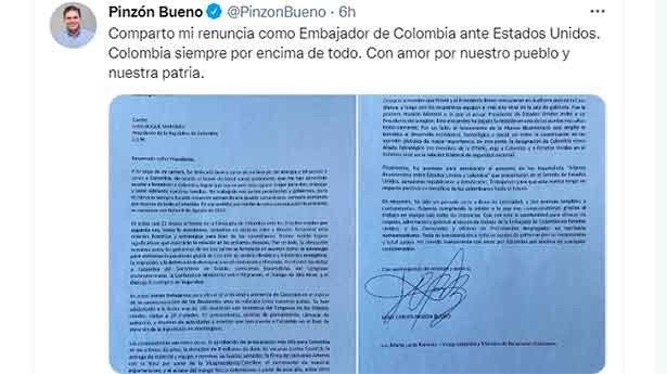 El embajador compartió en Twitter la carta de su dimisión. (Foto: @PinzonBueno)