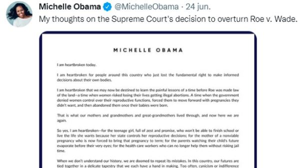 Michelle Obama afirmó tener el corazón roto por la decisión del Tribunal Supremo. (Imagen: @MichelleObama)