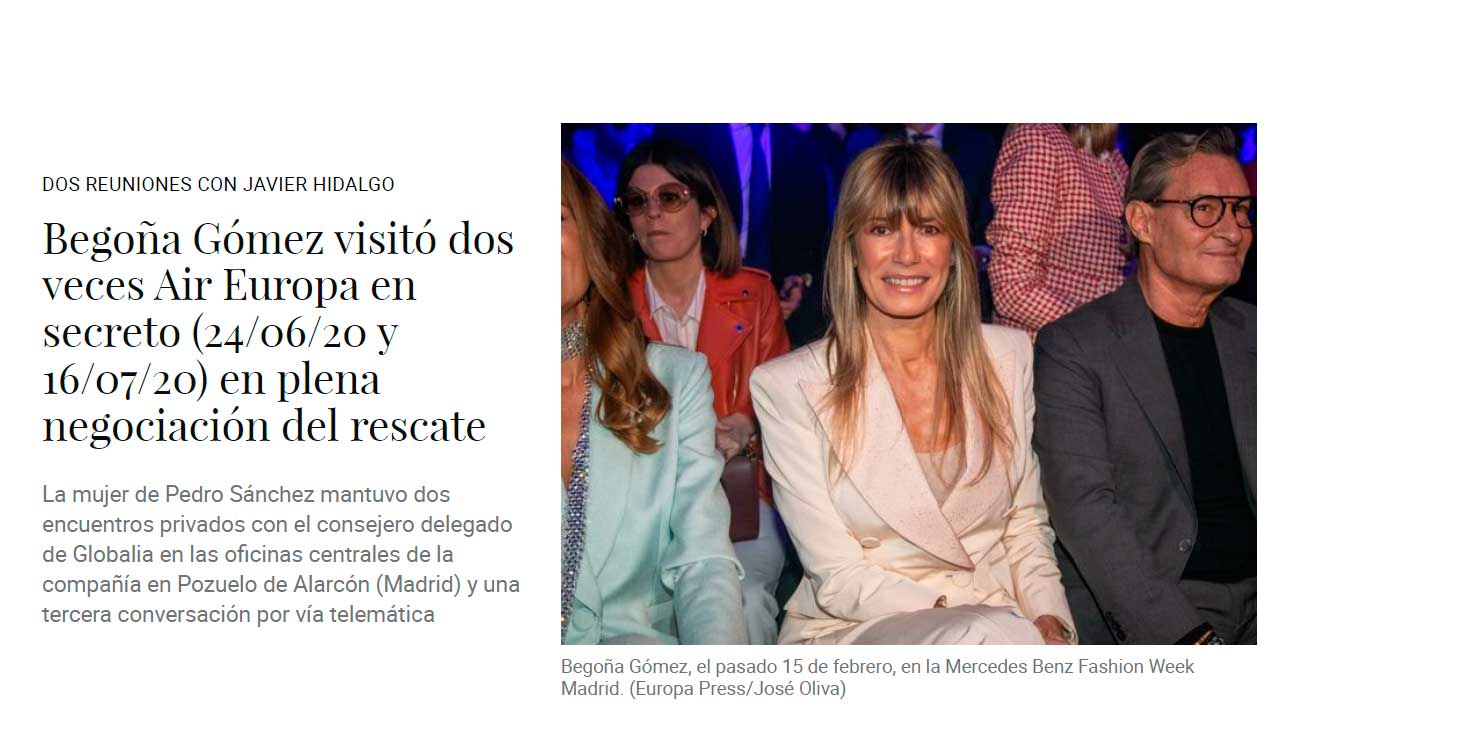 Dos visitas secretas de Begoña Gómez a Air Europa en el momento de negociarse el rescate