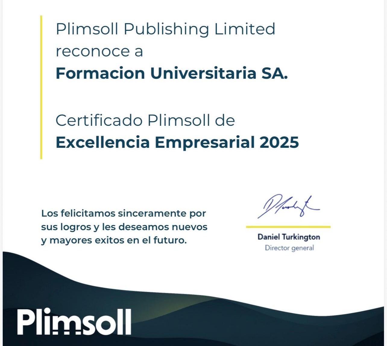 El Grupo Educativo Formación Universitaria reconocido con el Certificado Plimsoll de Excelencia Empresarial 2025