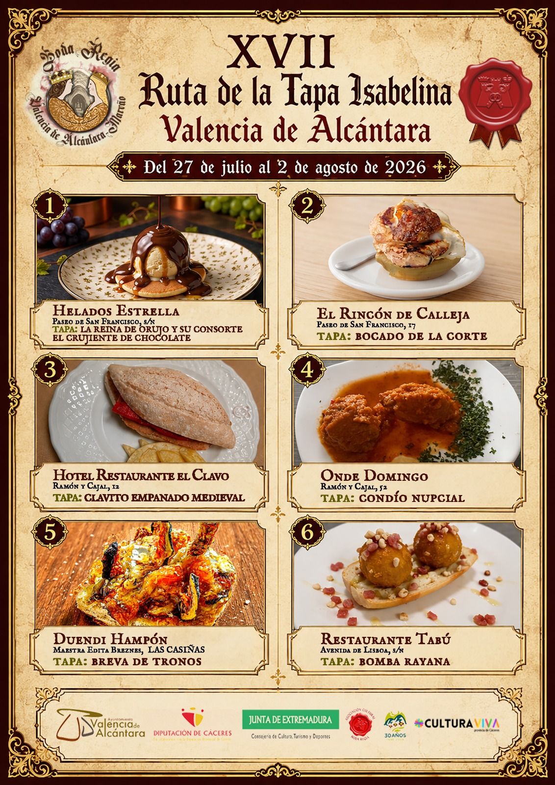 La XVII Ruta de la Tapa Isabelina invita a descubrir el sabor de la Boda Regia en Valencia de Alcántara